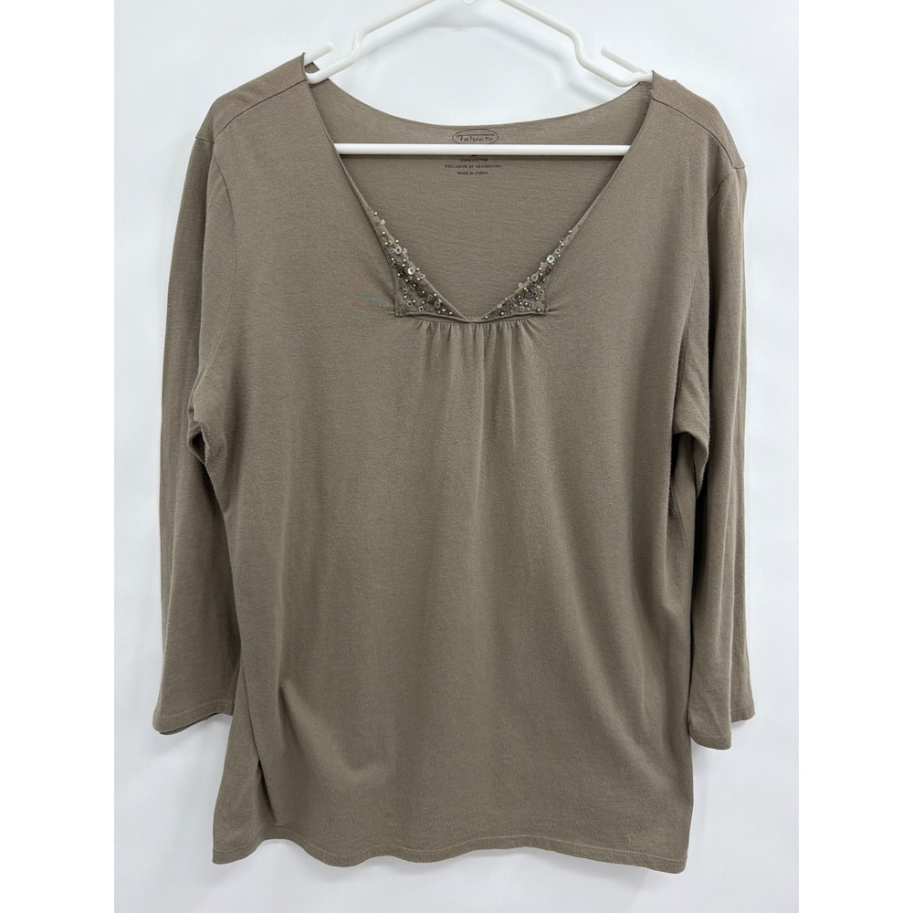 Talbots Womens Medium Brown Cotton‎ Sequin V-Neck 3/4 Sleeve Top T-Shirt